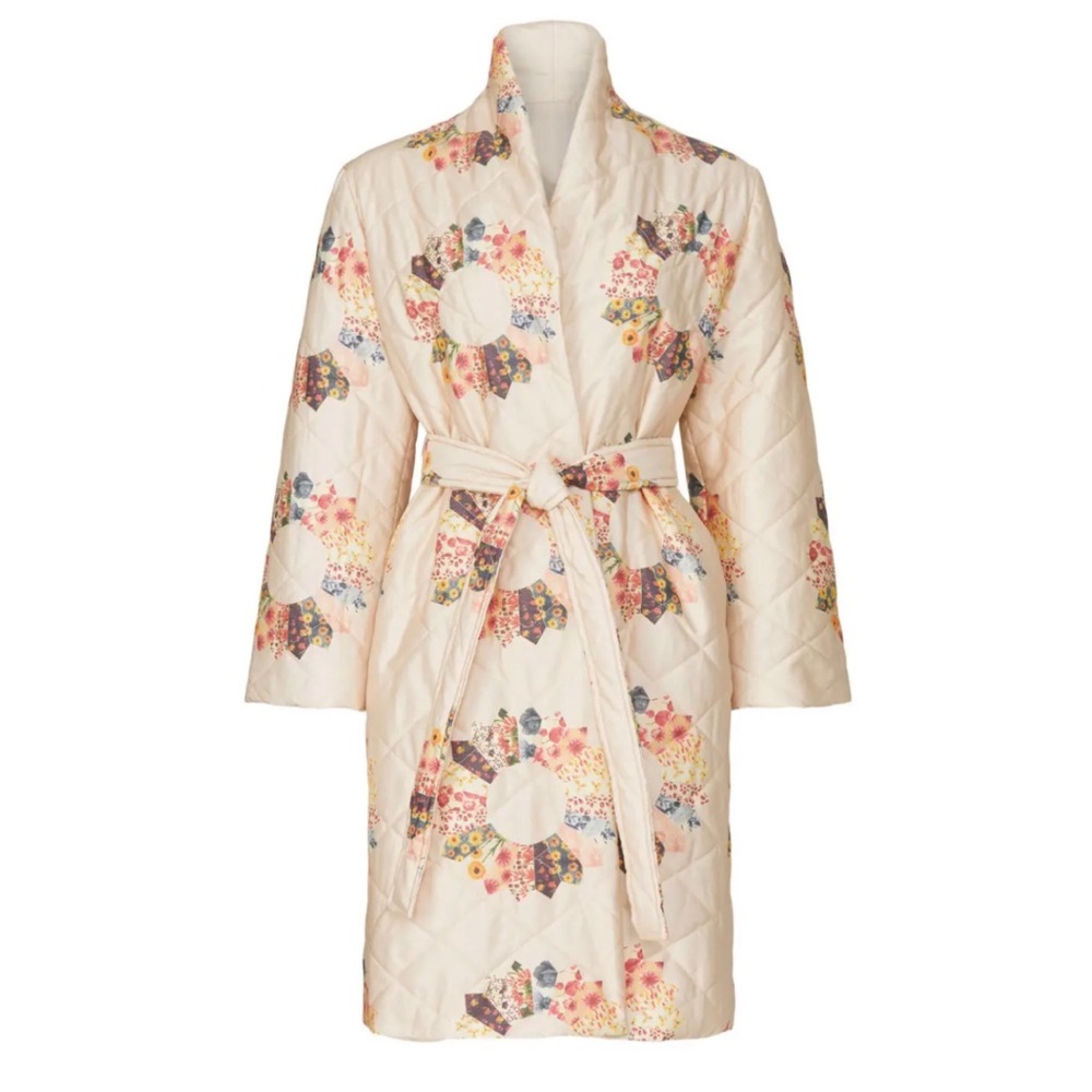 Samantha Sipos Quilted Sunburst Coat Long Trench Robe Shawl Neck Women’s Medium - Picture 10 of 13